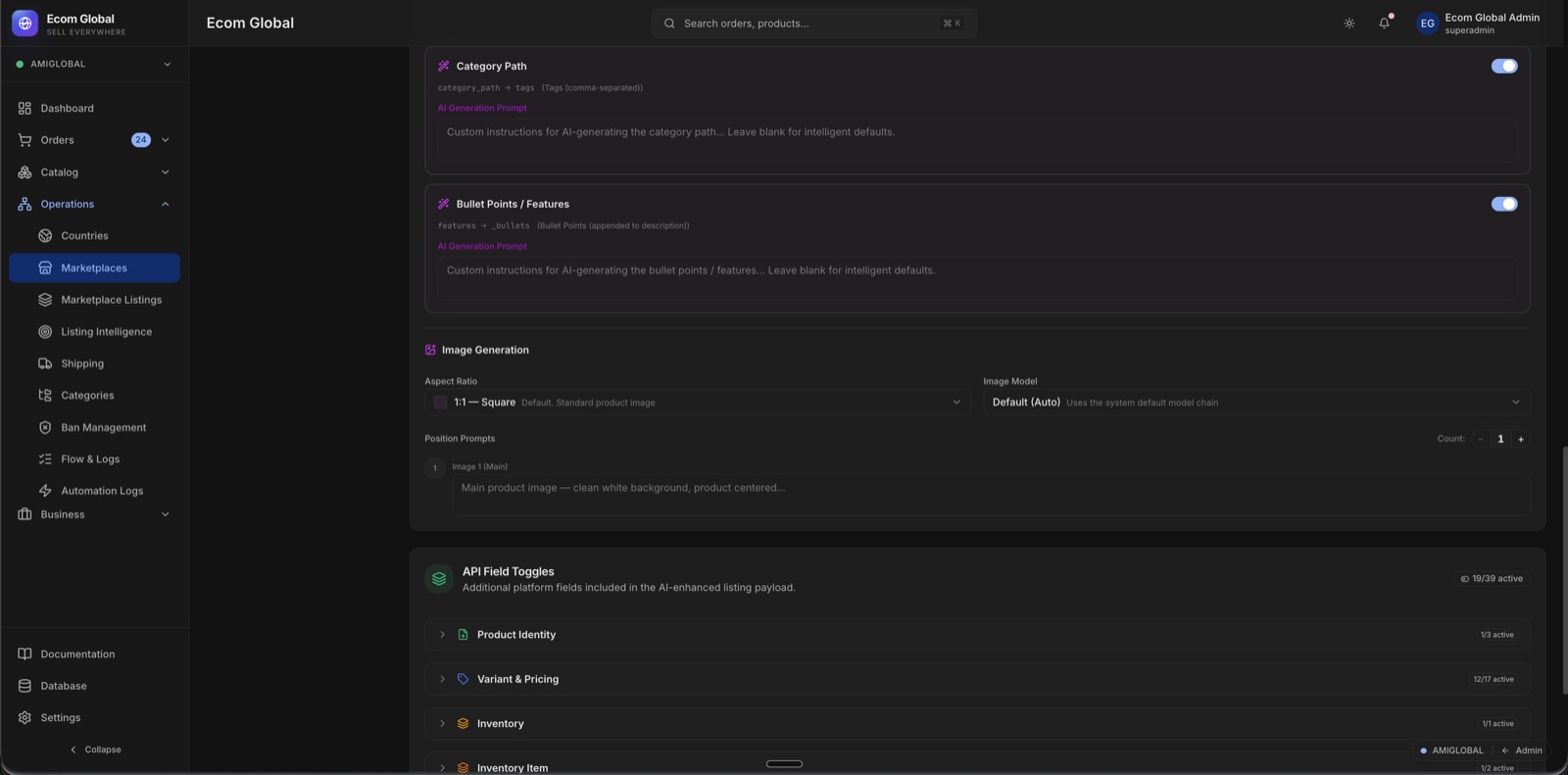Ecom Global AI image generation and per-marketplace field toggles