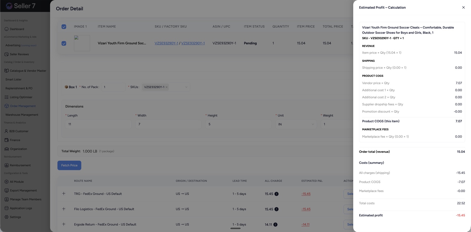 Seller7.ai per-order live P&L calculation