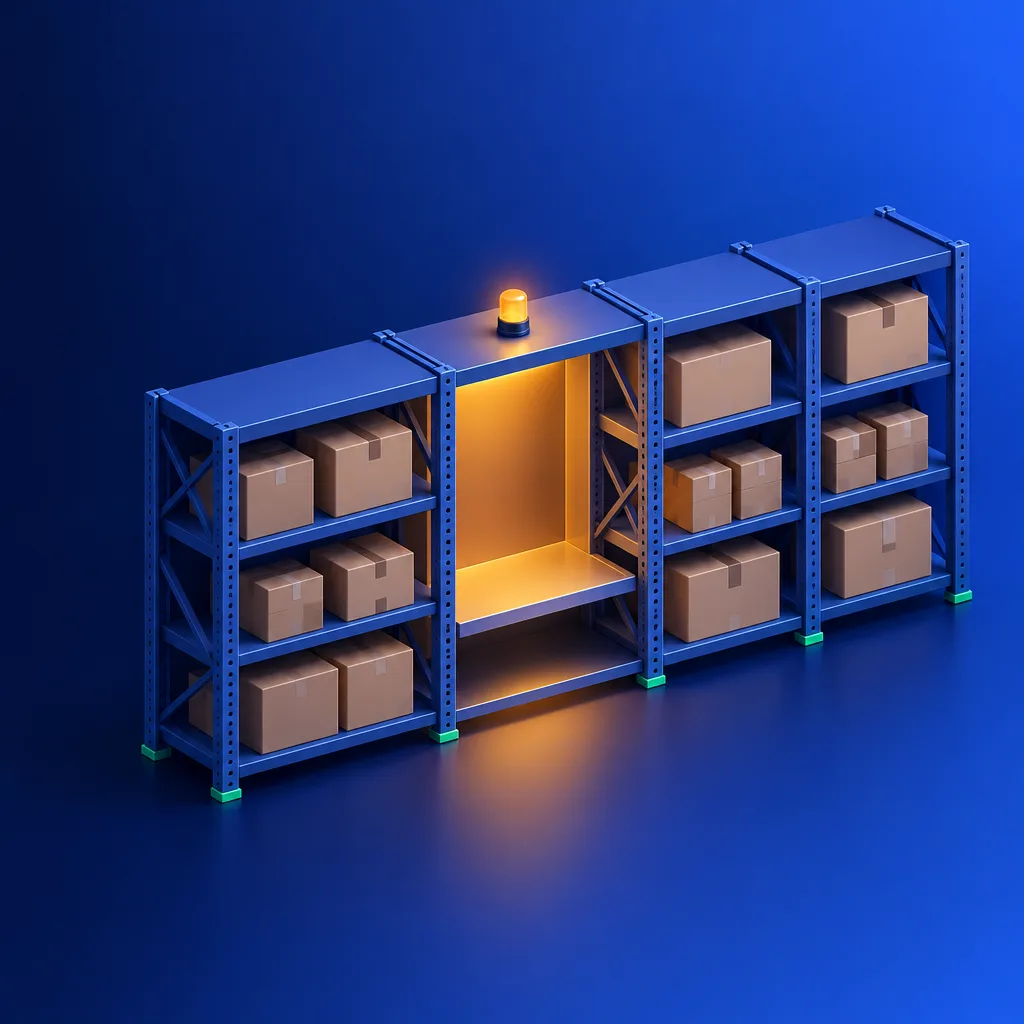 Empty warehouse shelf slot with an alert beacon
