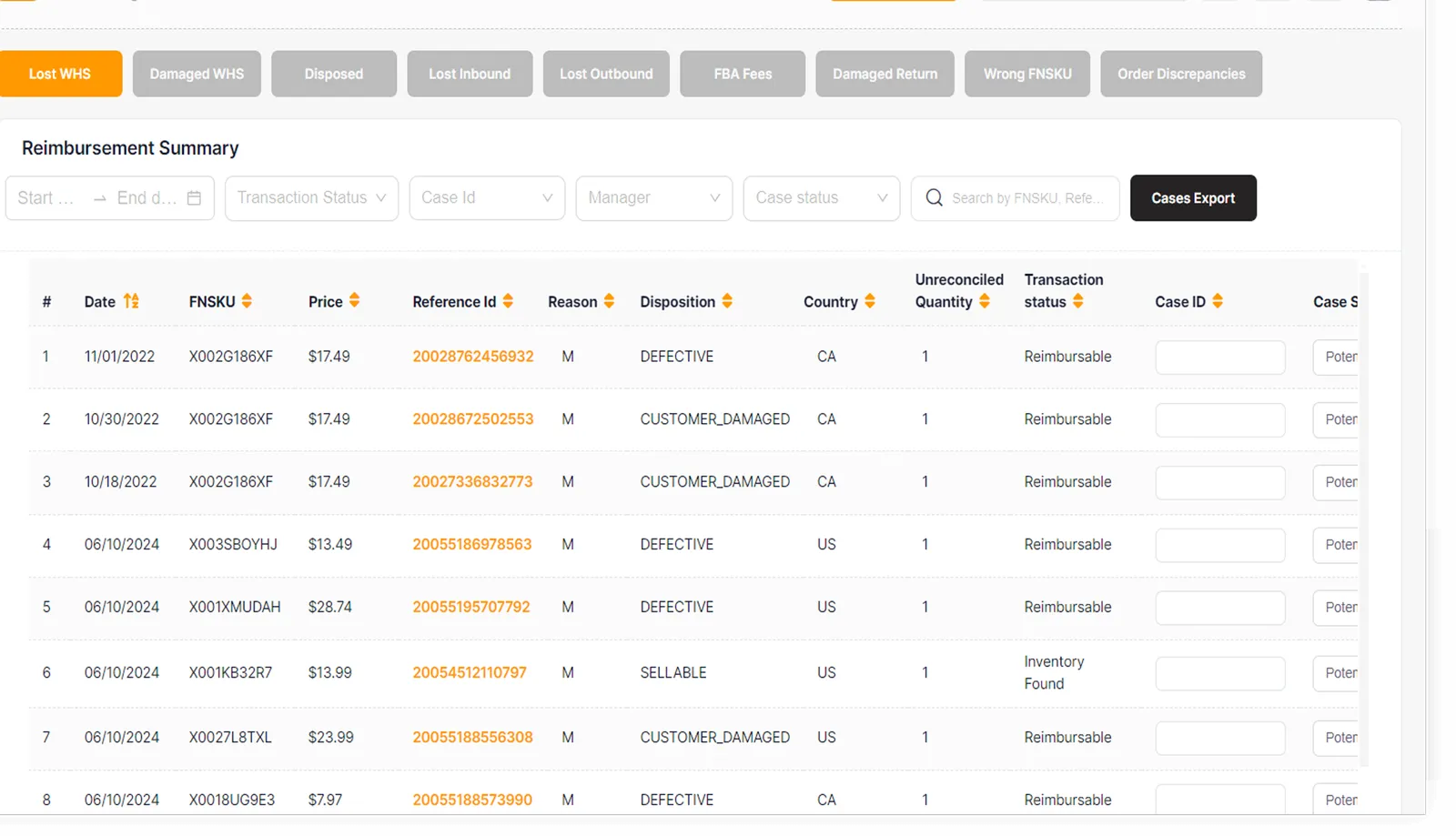 Execuseller reimbursement summary table listing FBA units by date, FNSKU, price, reason, disposition, country and quantity, each marked reimbursable or found