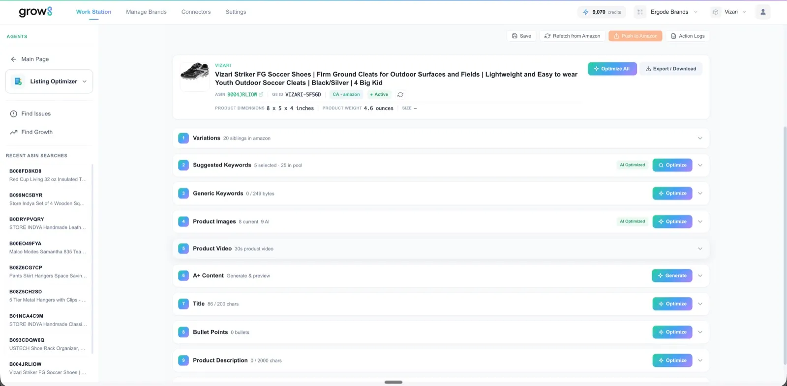 Grow8 ASIN cockpit for a soccer shoe listing, with variations, keywords, images, video, A+ content, title, bullet points and description each ready to optimise