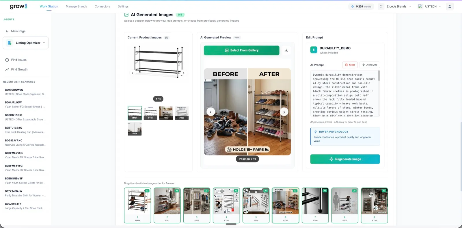 Grow8 AI Generated Images screen: a shoe rack listing photo shown before and after an AI rewrite, with the prompt used and the regenerated gallery
