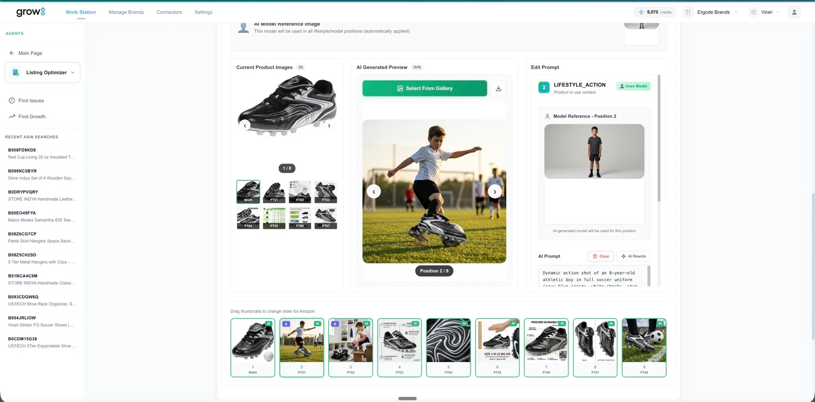 Grow8 generating a lifestyle image of a child playing football in the boots, from the listing’s existing product photos