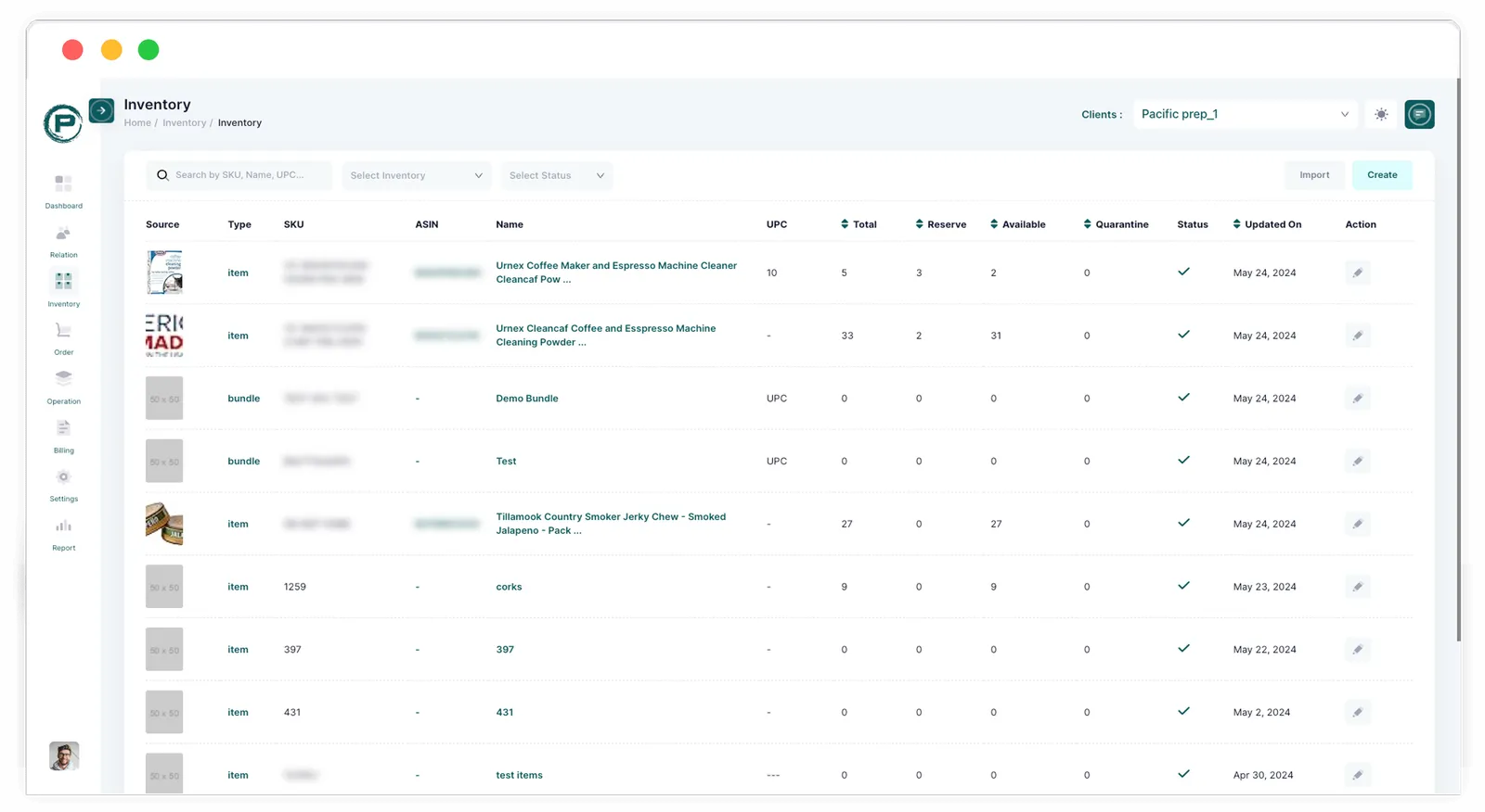Pacific Prep inventory table filtered by client, with total, reserved, available and quarantined units and the last update date for each SKU