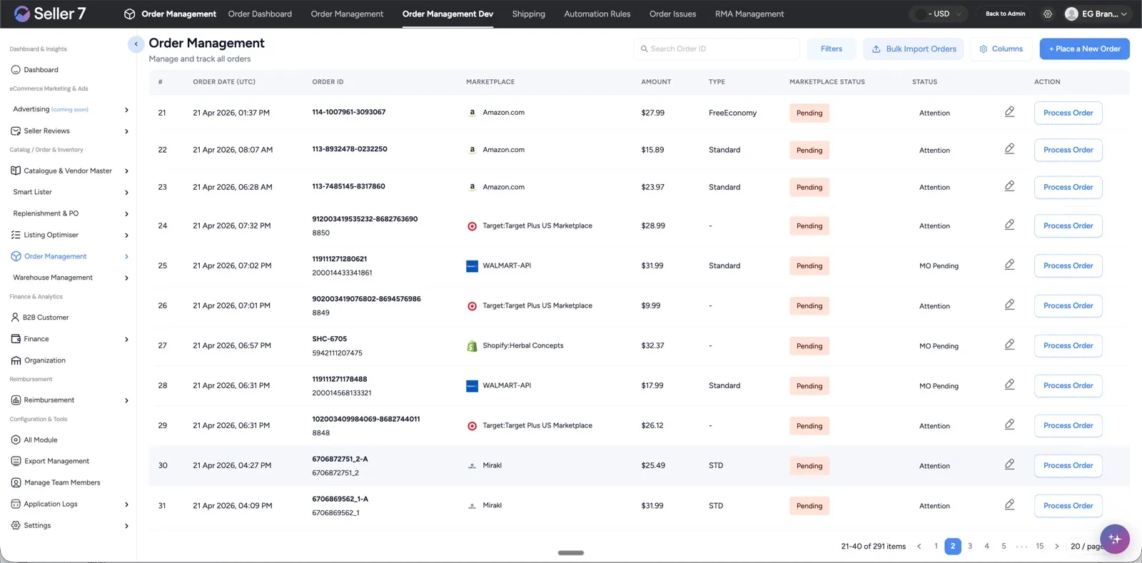 Seller7 Order Management table listing orders from Amazon.com, Walmart, Target Plus, Shopify and Mirakl with marketplace status and a Process Order action