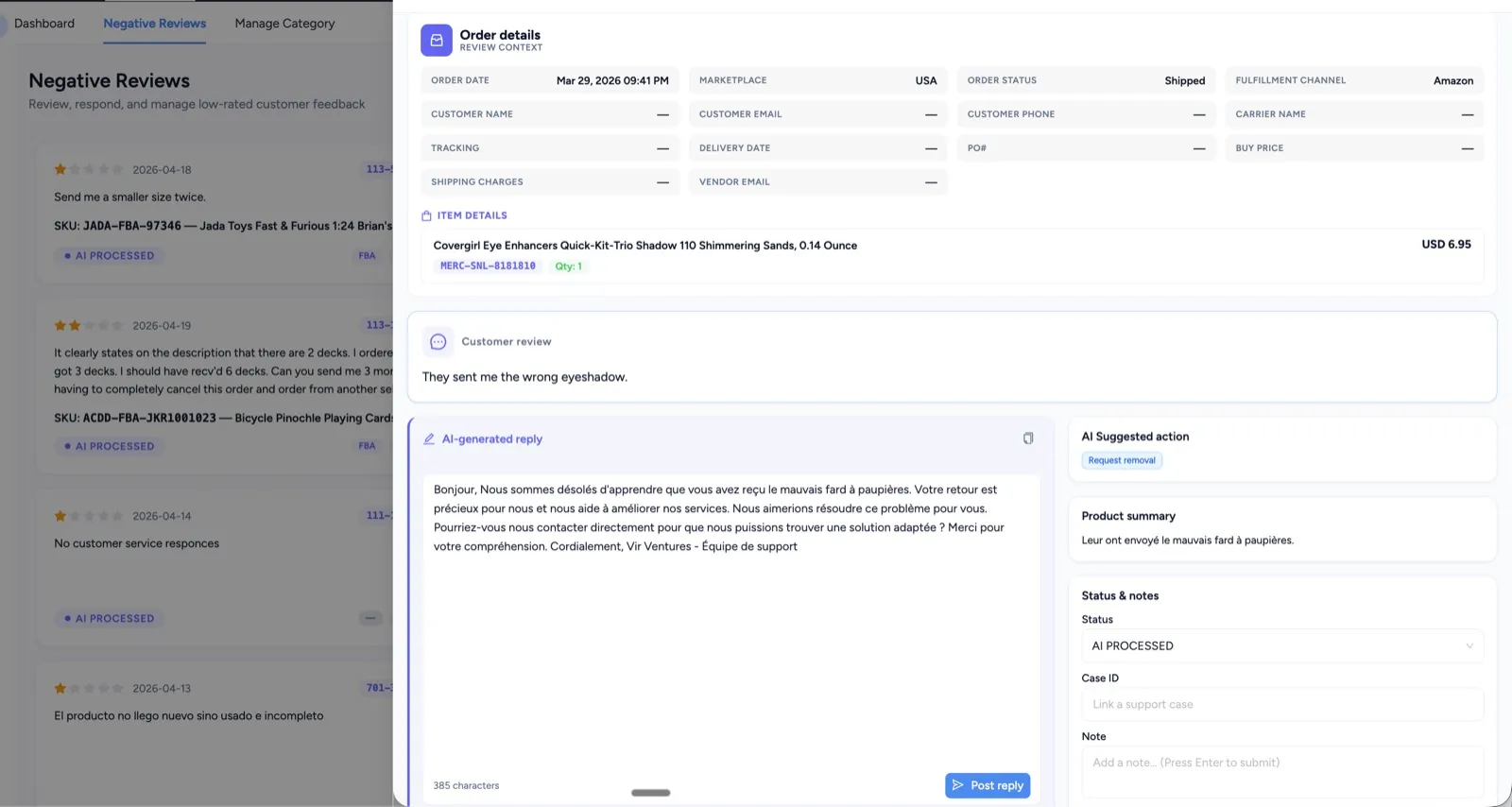 Seller7 negative review queue with the order details, the customer’s review, an AI-drafted reply and a suggested action for one review