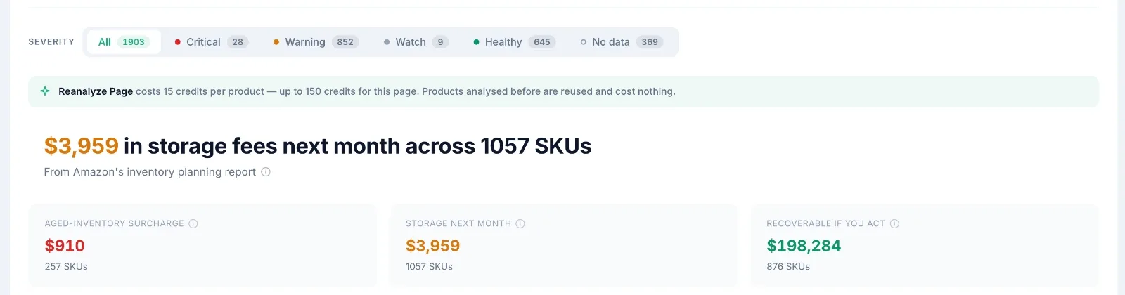 Inventory agent screen: $3,959 in storage fees due next month across 1,057 SKUs from Amazon’s inventory planning report, with the aged-inventory surcharge and the amount recoverable by acting now