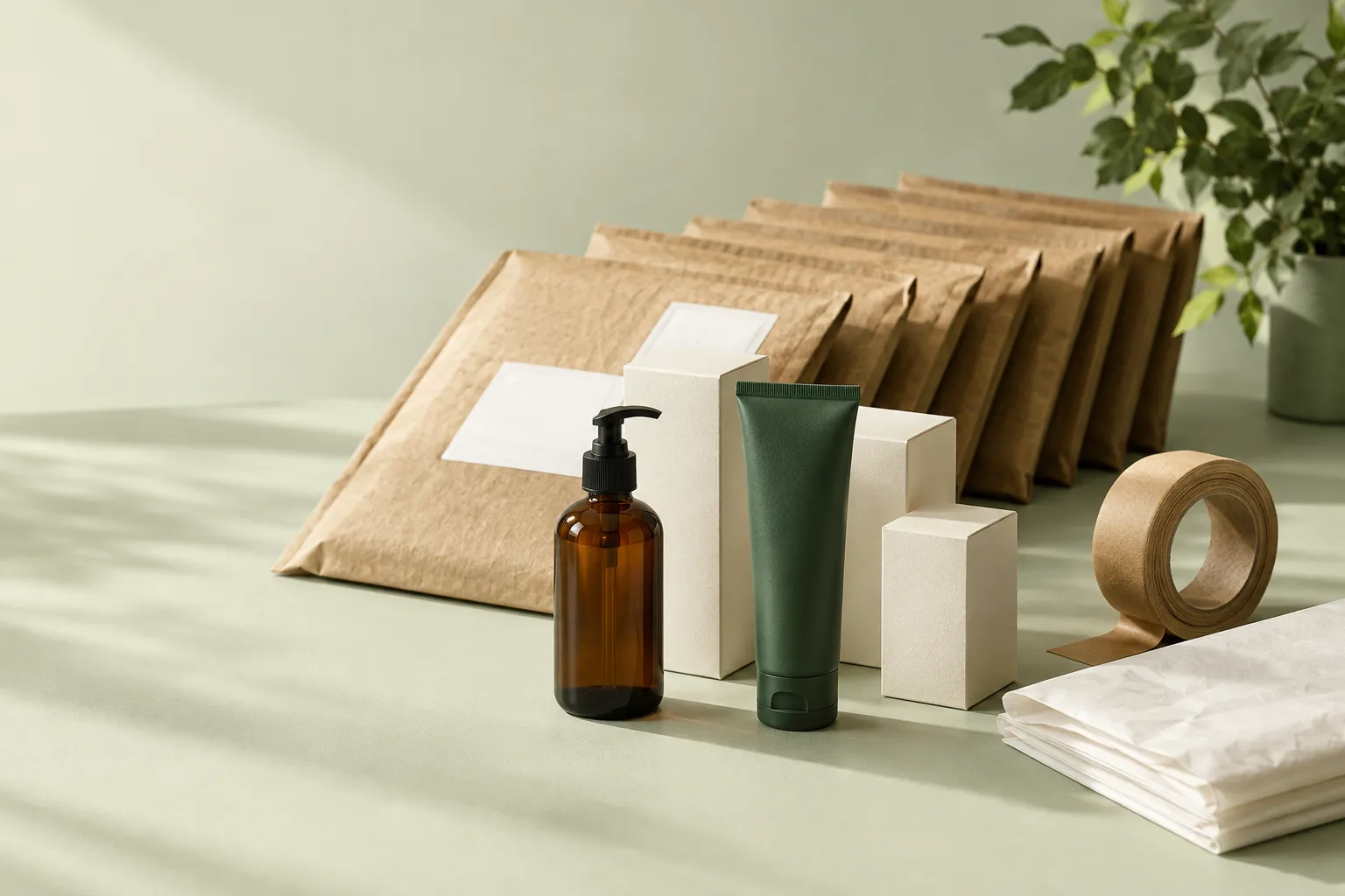 Illustrative dispatch table of a small premium brand: product cartons and kraft mailers ready to ship